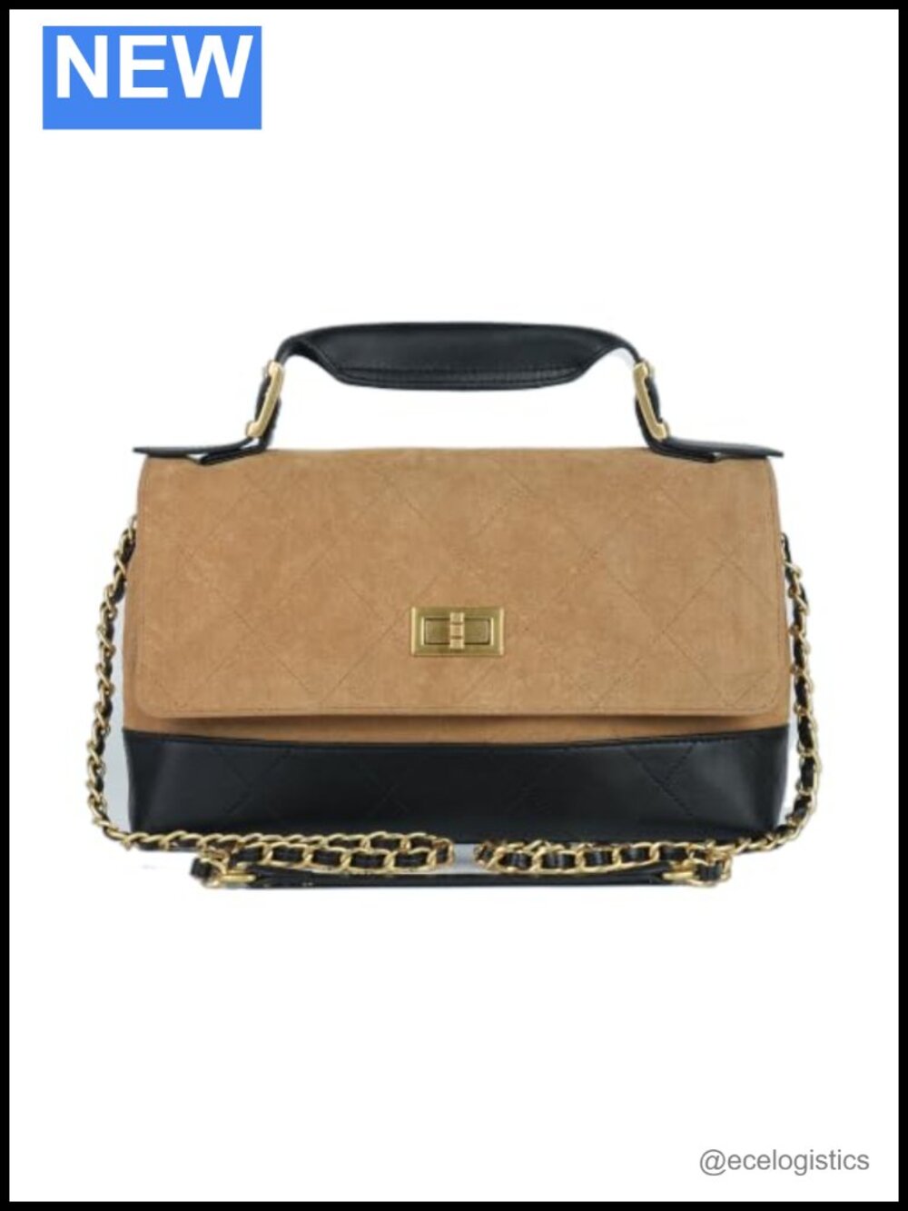 Quilted Lambskin Leather Shoulder Bag with Suede Flap, Turn-Lock Satchel